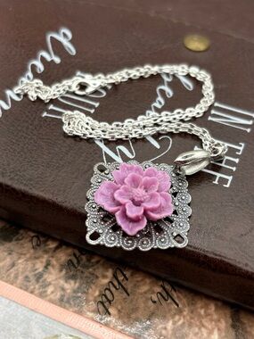 Purple Flower Filigree Pendant Necklace Silver Floral Cottagecore Fairycore